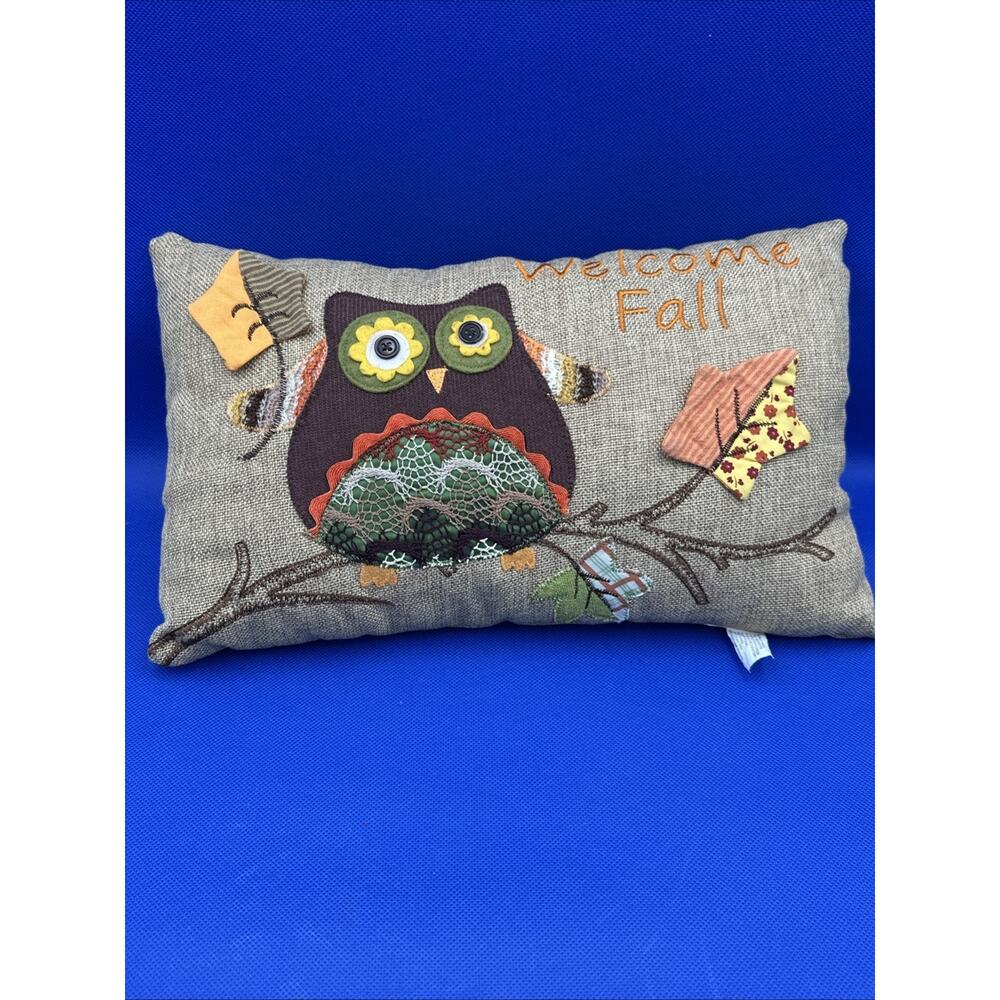 Retro Owl Pillow Embroidered‎ "Welcome Fall" Burlap Cottage Boho Autumn Decor